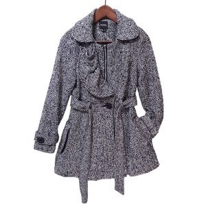 XOXO Herringbone Tweed Fit‎ Flare Belted Coat Jacket Wool Blend Women's Size S